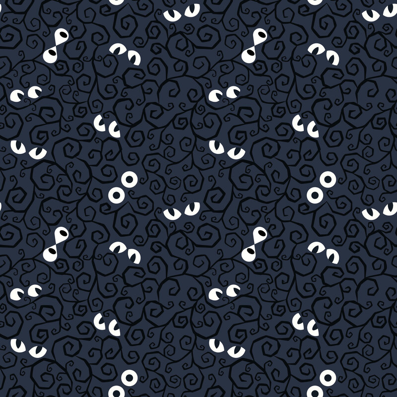An indigo fabric featuring deep indigo swirls and scattered white eyes peeking through.