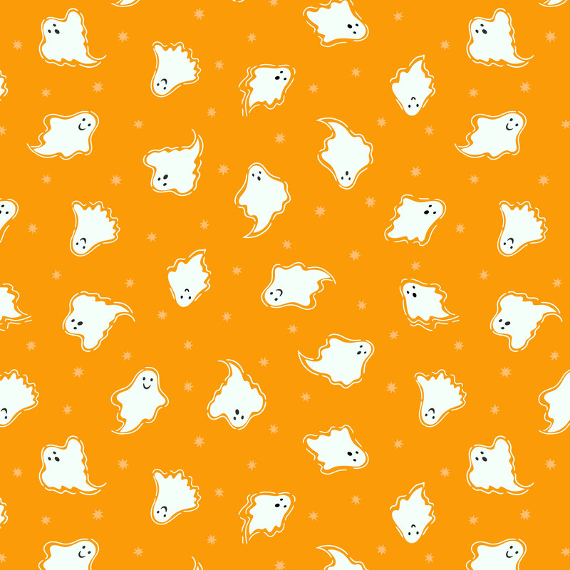 A light orange fabric with scattered ghosts and stars.