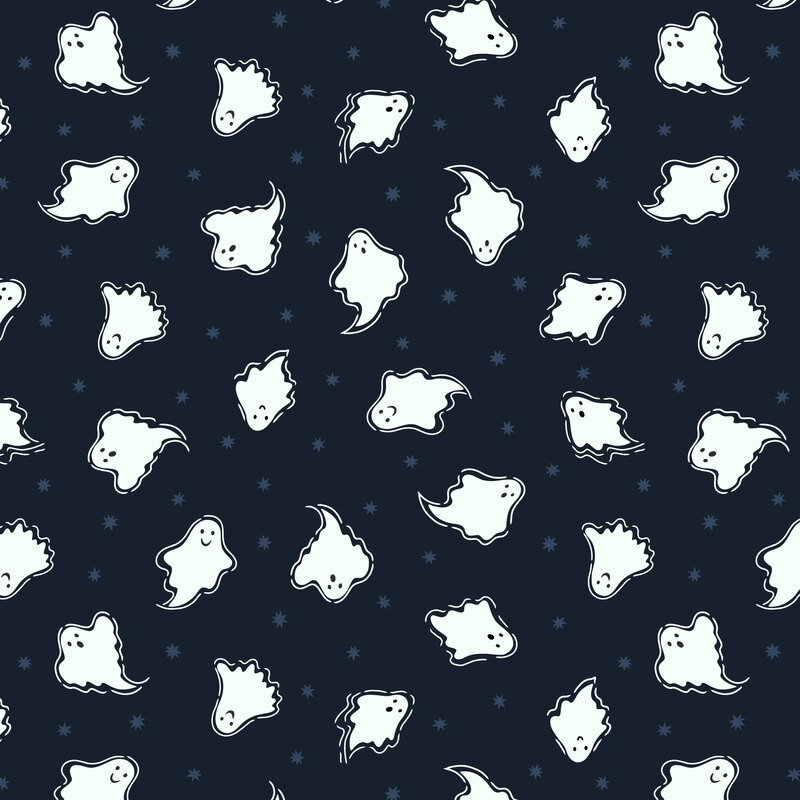 A deep indigo fabric with scattered ghosts and stars.