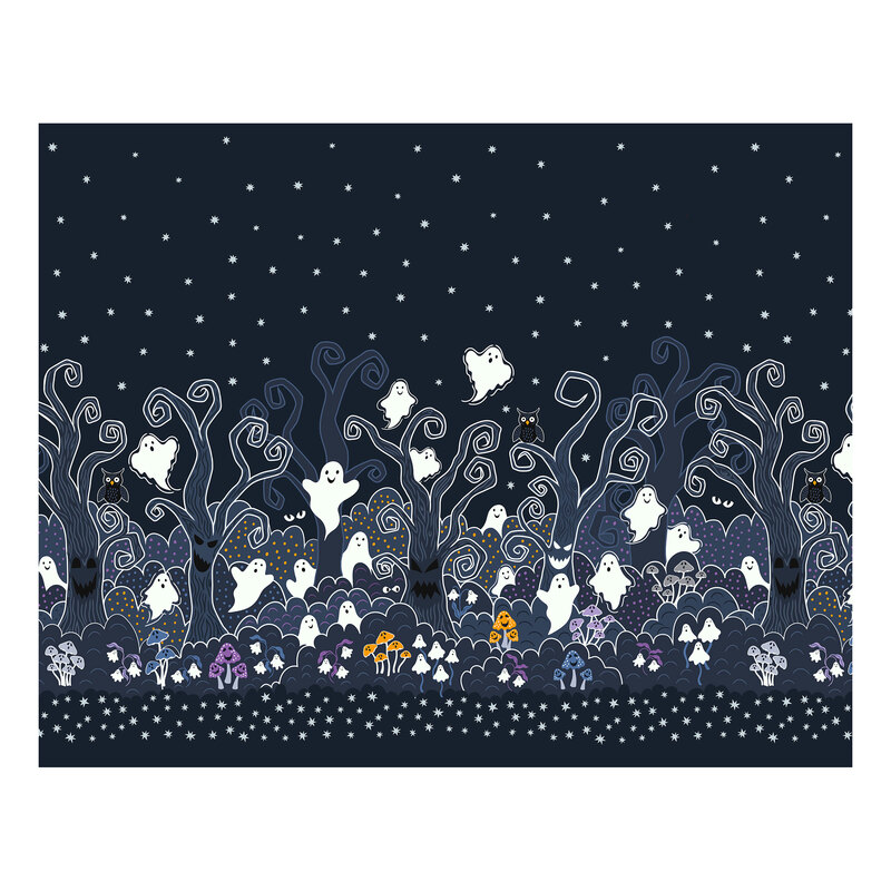 An indigo blue fabric featuring white ghosts floating among curling woodland plants, bats, mushrooms, and scattered stars.