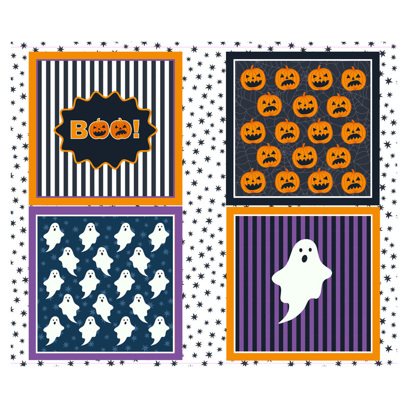 A white Halloween panel featuring four framed designs with ghosts, jack-o'-lanterns, stripes, stars, and spiderwebs.