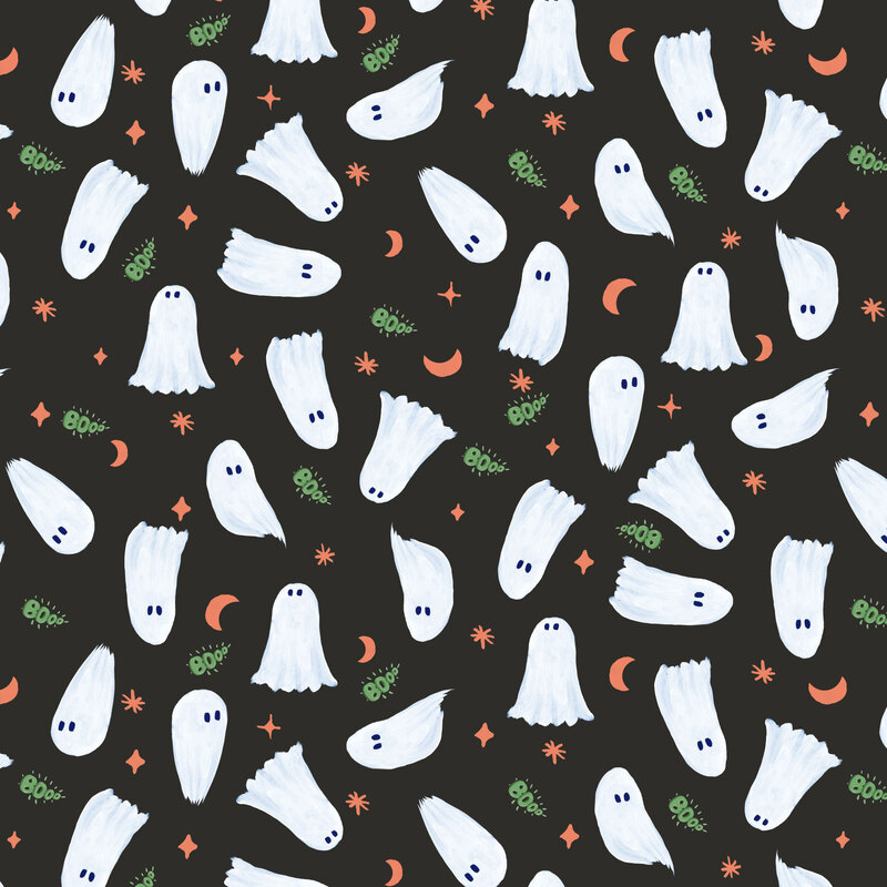 A soft black fabric with tossed ghosts, crescent moons, and stars. 