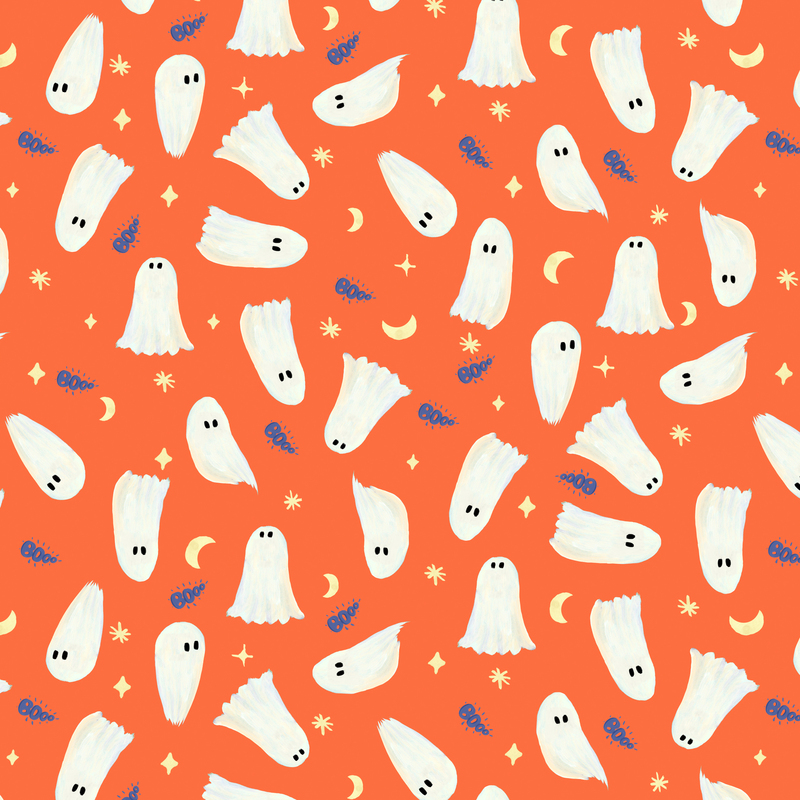 A pumpkin orange fabric with scattered ghosts, crescent moons, stars, and boos. 