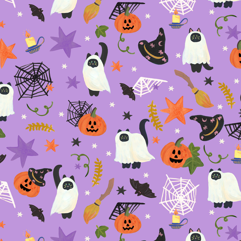 A lilac fabric with ghost-costumed black cats, jack-o'-lanterns, witch hats, bats, spiderwebs, brooms, and stars.