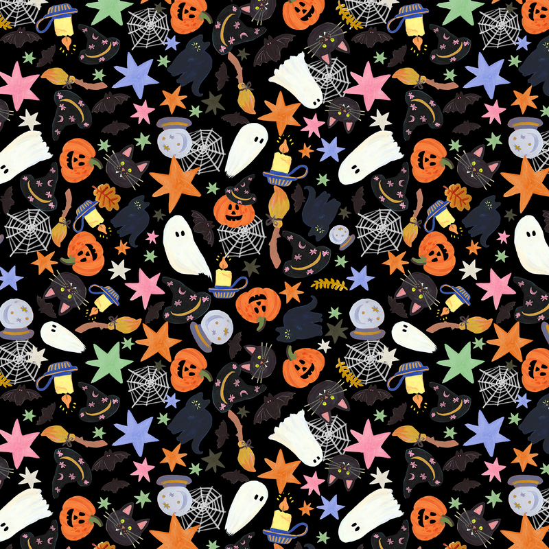 A black fabric with tossed ghosts, black cats, jack-o'-lanterns, witch hats, bats, spiderwebs, brooms, and colorful stars.