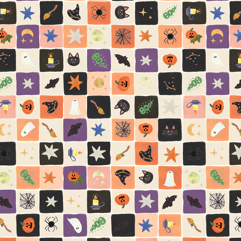 A cream fabric with a grid of halloween motifs.