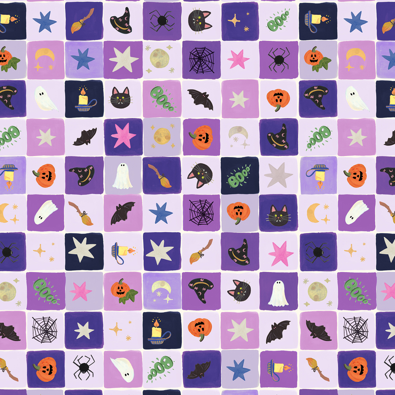 A lilac fabric with a grid of Halloween motifs.