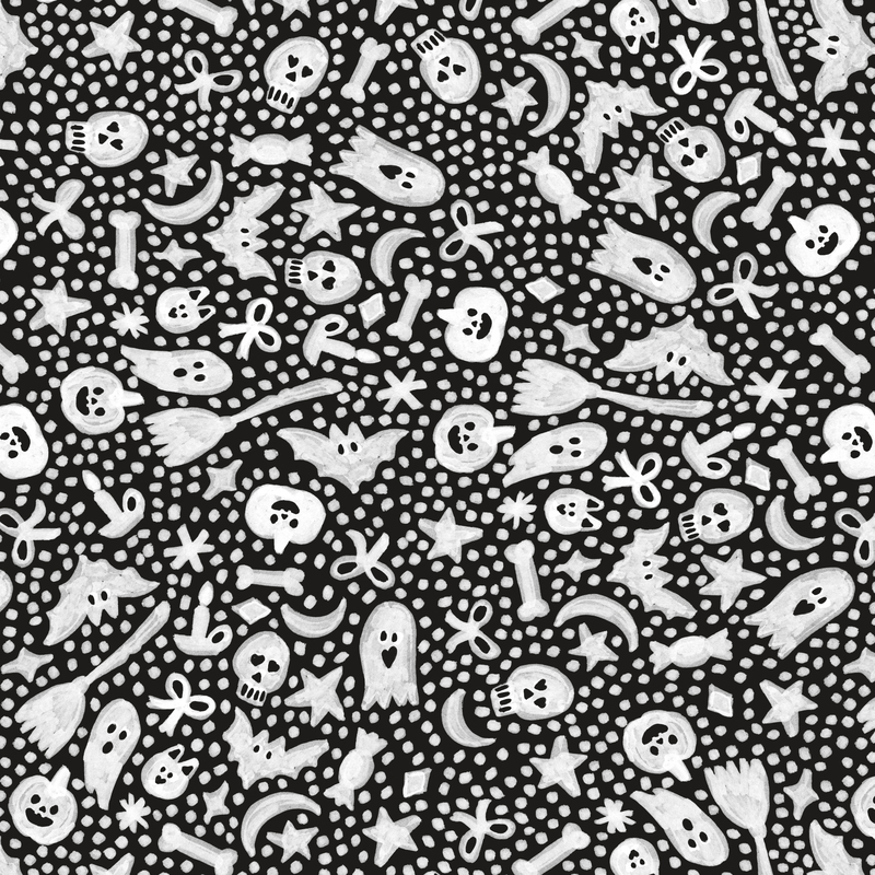 A black fabric with white halloween motifs and scattered dots.