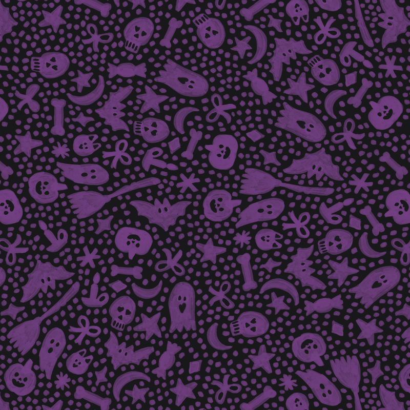 A black fabric with purple halloween motifs and scattered dots. 