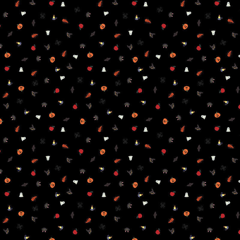 A black fabric with tiny tossed halloween motifs. 