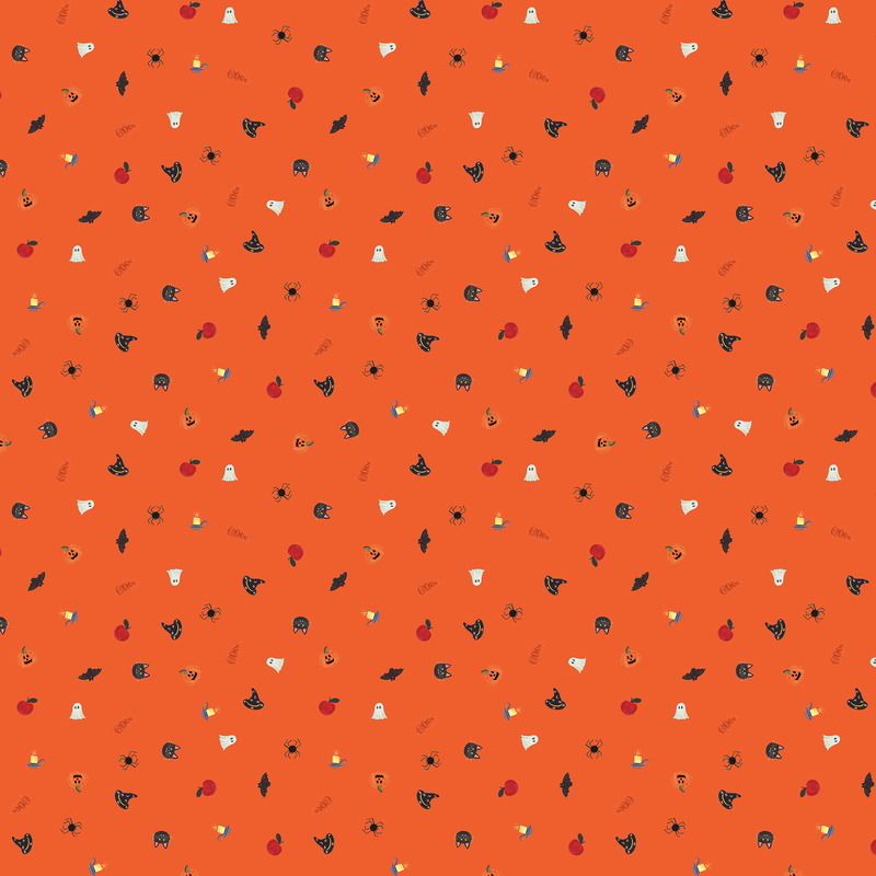 A pumpkin orange fabric with tiny tossed halloween motifs.