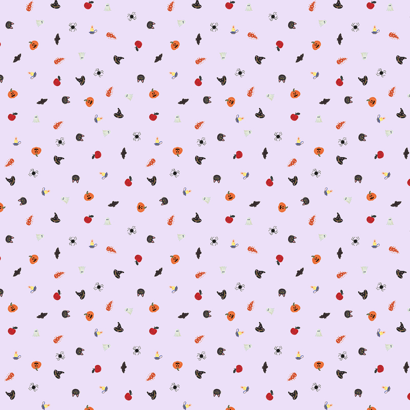 A lavender fabric with tiny tossed Halloween motifs. 
