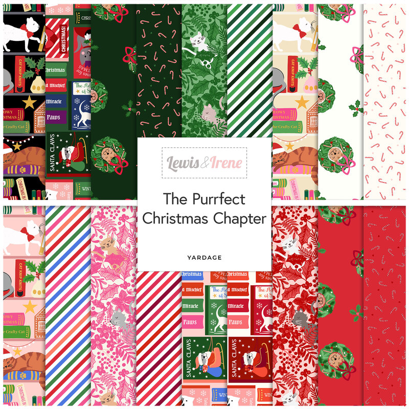 A collage of fabrics featured in The Purrfect Christmas Chapter Collection by Lewis and Irene.