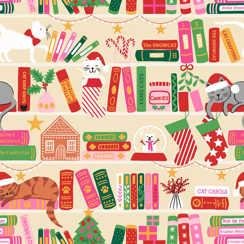 A cream fabric with a festive Christmas bookshelf scene with cats.