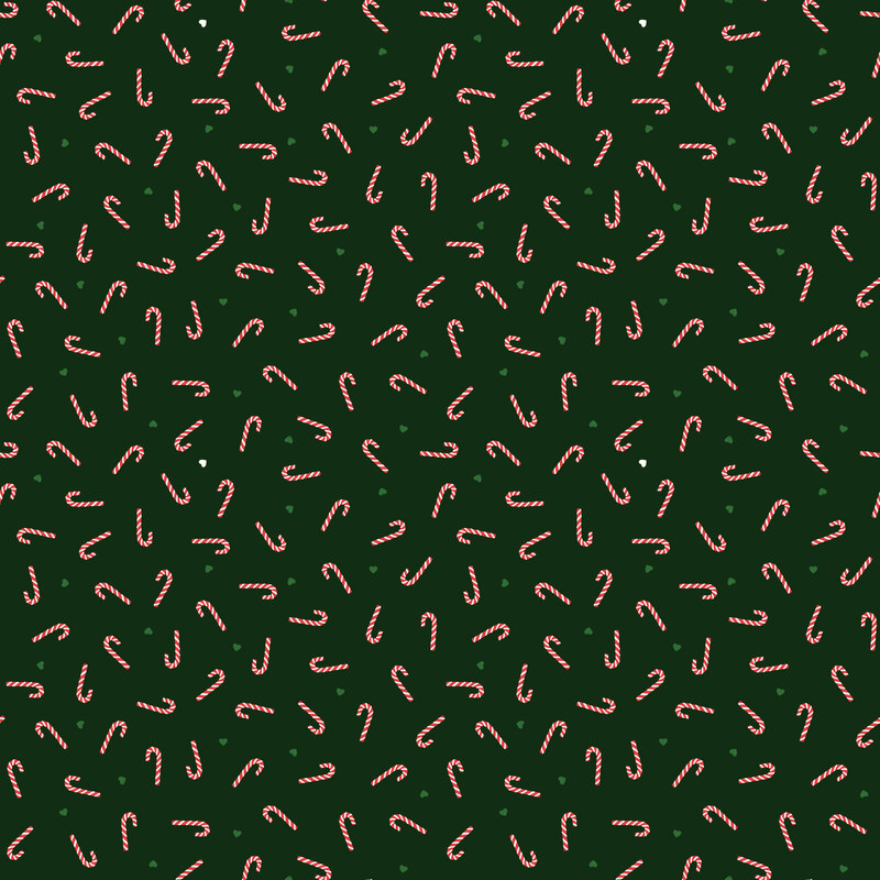 A dak green fabric with candy canes and hearts.