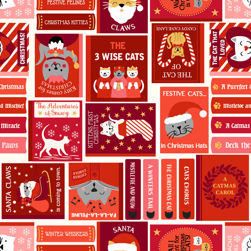 A red fabric with Christmas book covers and cats.