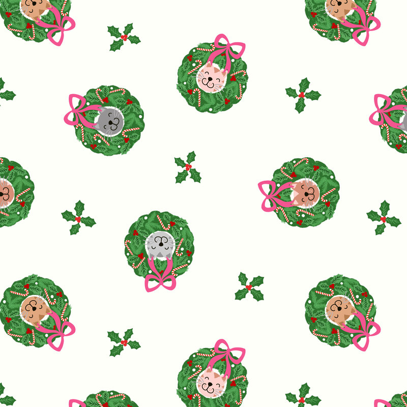 A white fabric with tossed wreaths and holly sprigs.