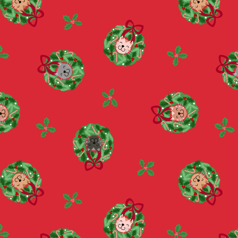 A red fabric with tossed Christmas wreaths and cats.