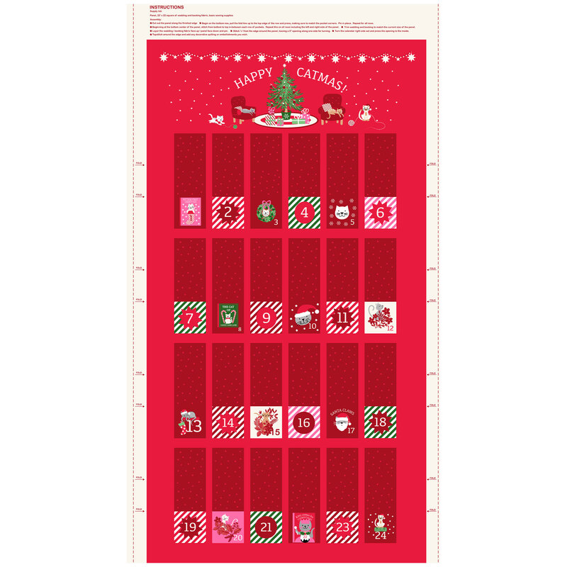 A red advent calendar fabric panel with 24 numbered pockets, Christmas cats, a decorated tree, presents, and festive holiday motifs.