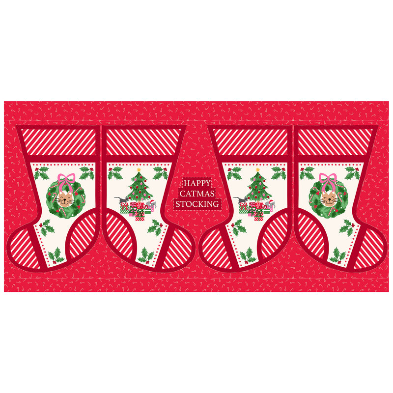 A red cut and sew panel with four stockings.
