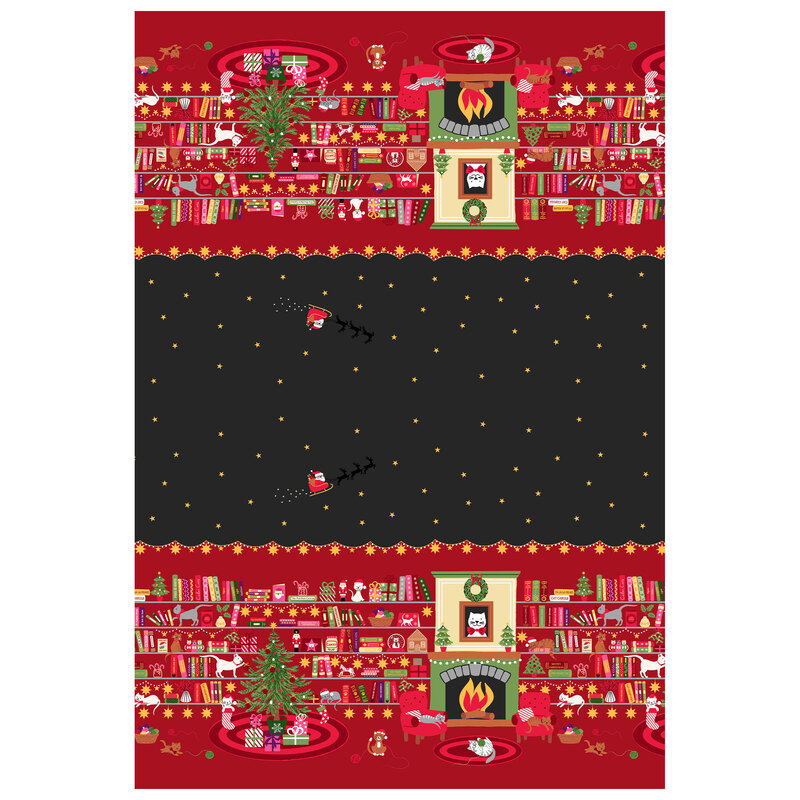 A Christmas double edge border print with cats, bookshelves, fireplaces, decorated trees, presents, and Santa flying across a black starry sky.