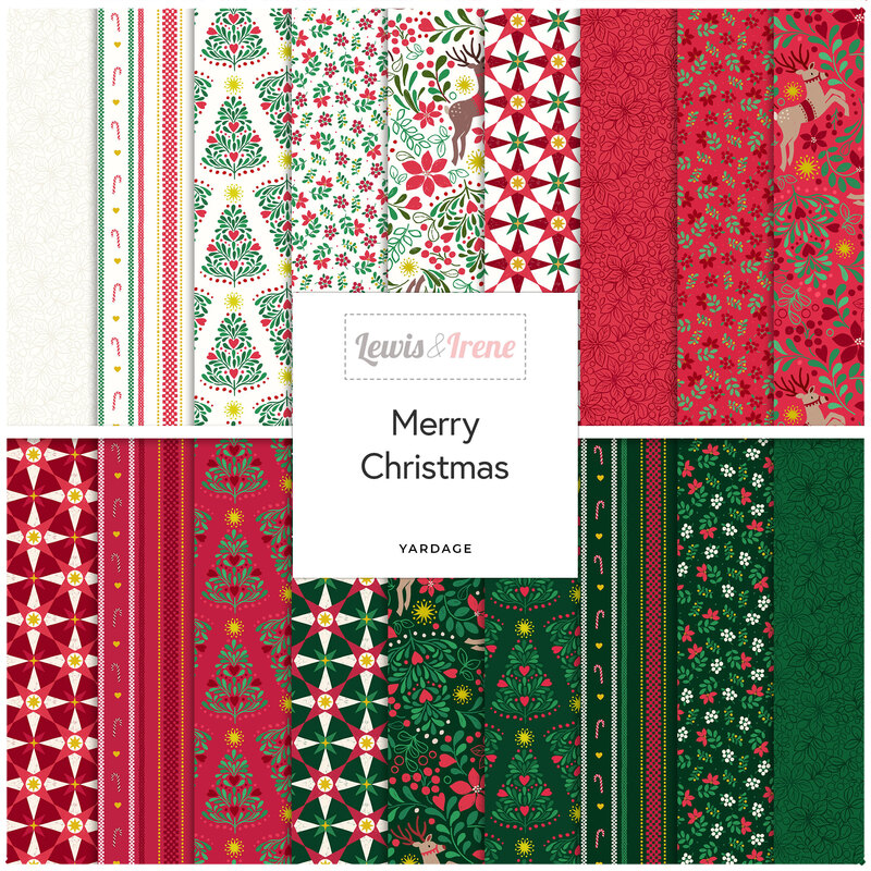 Square collage of ivory, red, and green Christmas-themed fabrics from the Merry Christmas collection.