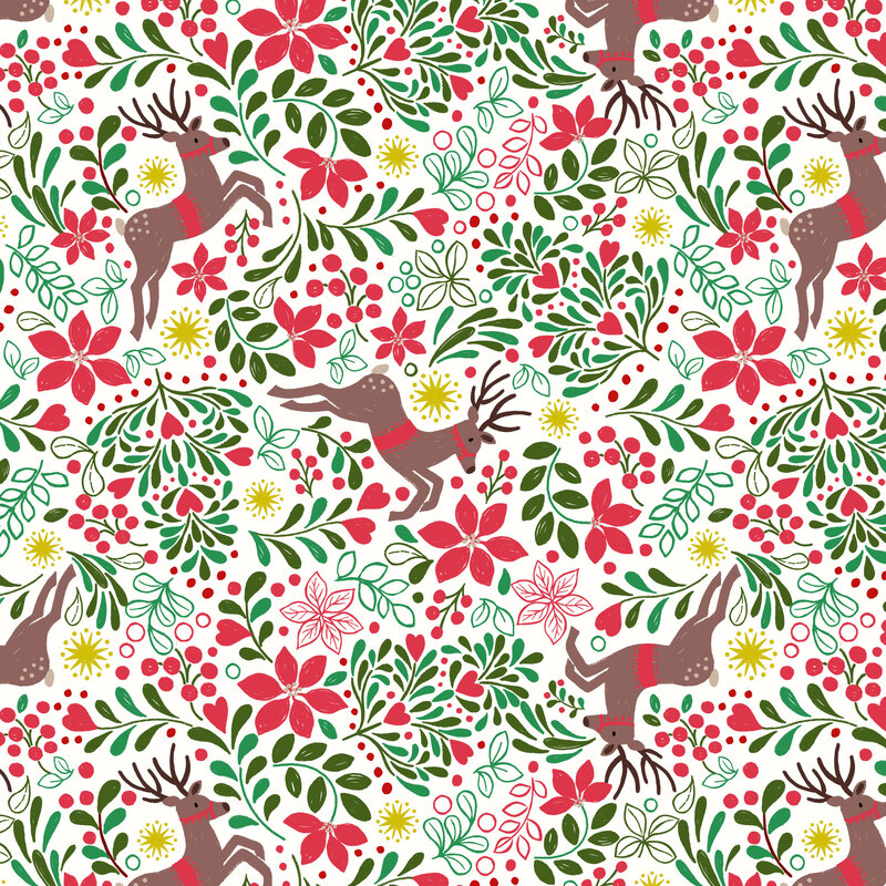 festive reindeer surrounded by lush green foliage, poinsettias, berries, hearts, and gold metallic stars on a white background.
