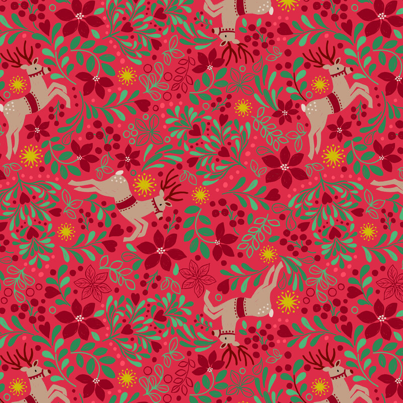 festive reindeer surrounded by lush green foliage, poinsettias, berries, hearts, and gold metallic stars on a strawberry red background.