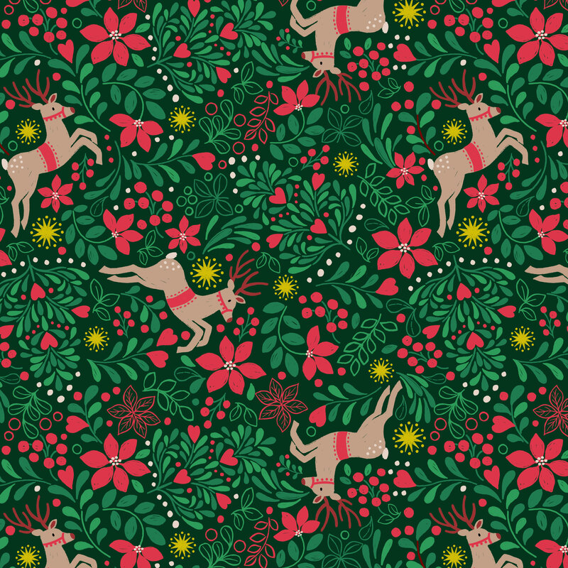 festive reindeer surrounded by lush green foliage, poinsettias, berries, hearts, and gold metallic stars on a spruce green background.