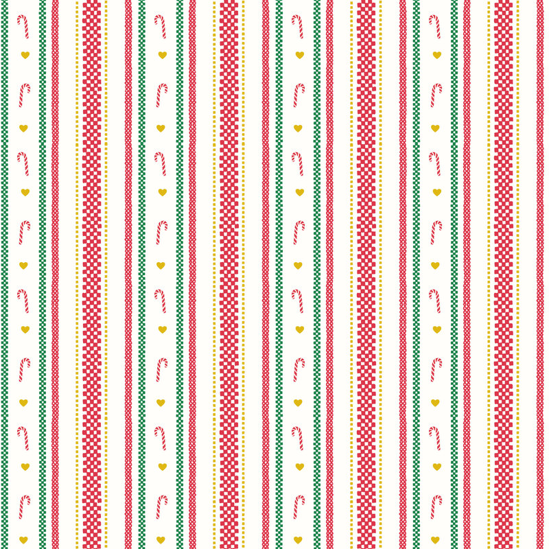 vertical decorative stripes in red, green, and metallic gold, accented with candy canes and tiny hearts on a white background.