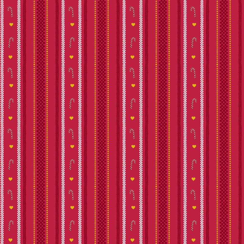 vertical decorative stripes in dark red, white, and metallic gold, accented with candy canes and tiny hearts on a cherry red background.