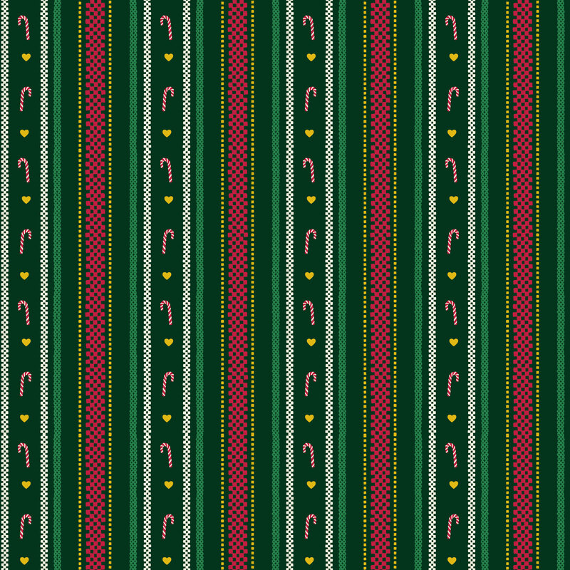 vertical decorative stripes in red, white, green, and metallic gold, accented with candy canes and tiny hearts on a spruce green background.