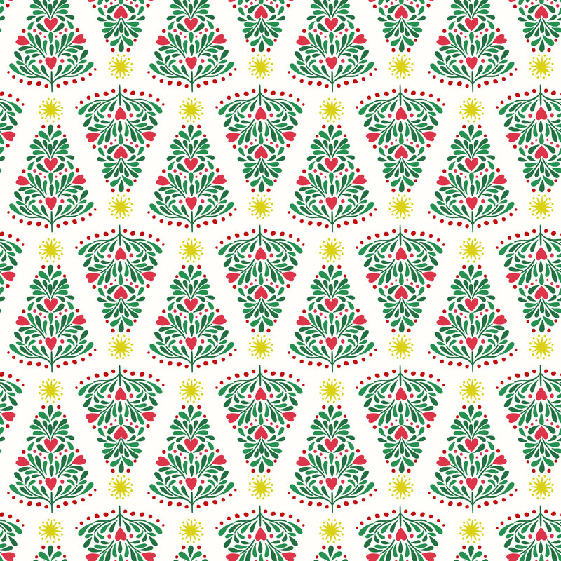 repeating pattern of stylized Christmas trees with gold metallic stars on a white background.