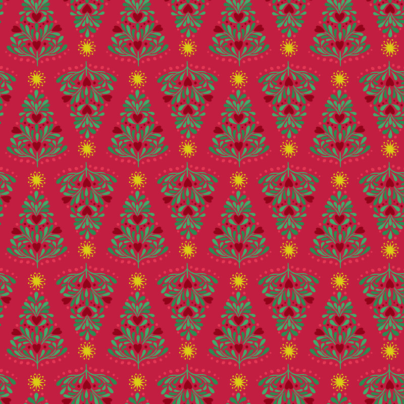 repeating pattern of stylized Christmas trees with gold metallic stars on a cherry red background.
