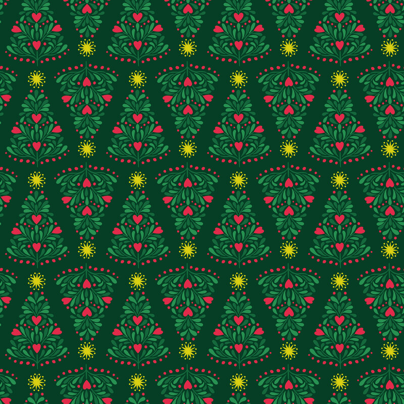 repeating pattern of stylized Christmas trees with gold metallic stars on a spruce green background.