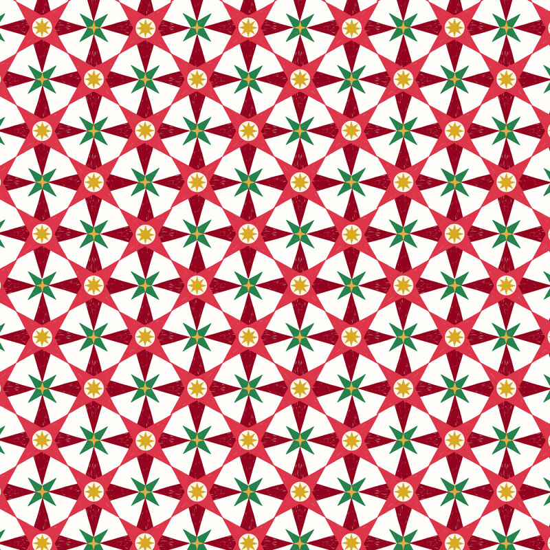 repeating geometric design of red, green, and metallic gold stars on a white background.