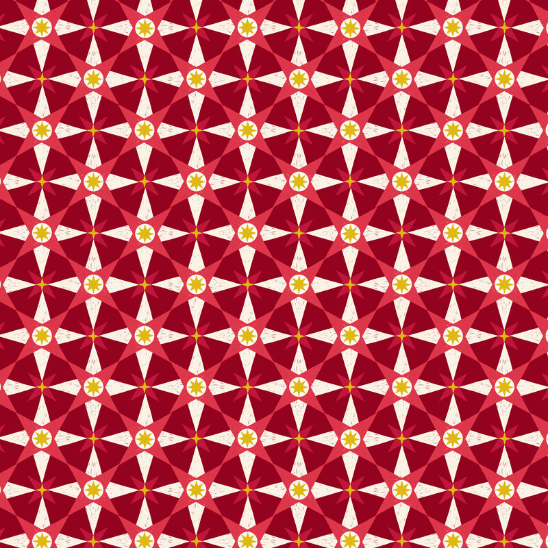 repeating geometric design of red, white, and metallic gold stars on a deep red background.