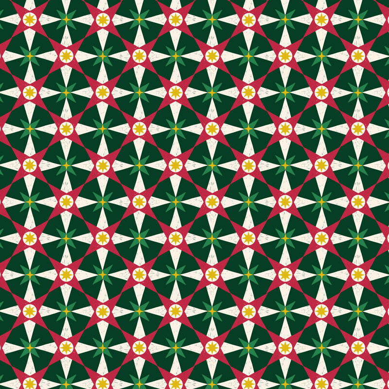 repeating geometric design of red, green, white, and metallic gold stars on a spruce green background.