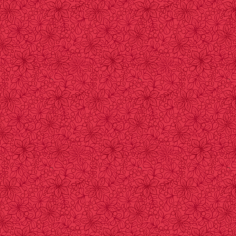 red fabric with a tonal Christmas floral design with poinsettias, leafy sprigs, and clusters of berries
