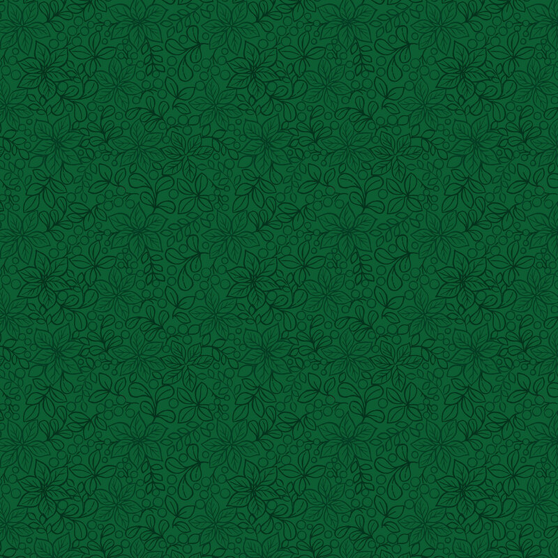 spruce green fabric with a tonal Christmas floral design with poinsettias, leafy sprigs, and clusters of berries