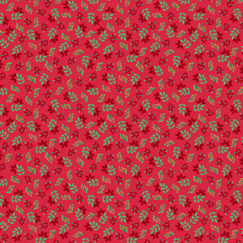 strawberry red fabric featuring scattered red and white blossoms, leafy sprigs, and tiny berries accented with shimmering gold metallic details.
