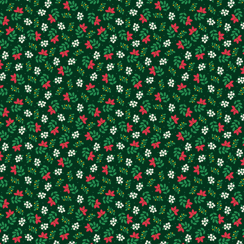 Spruce green fabric featuring scattered red and white blossoms, leafy sprigs, and tiny berries accented with shimmering gold metallic details.