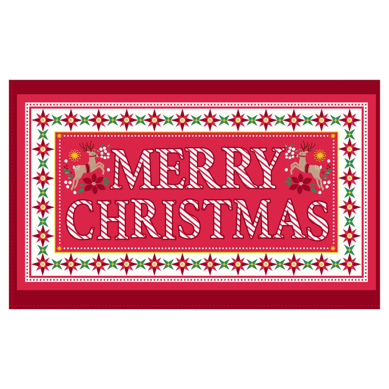red "Merry Christmas" panel featuring candy stripe letters, reindeer, poinsettias, geometric stars, and gold metallic accents.
