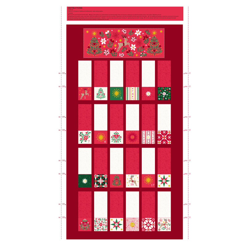 red advent calendar panel featuring a reindeer surrounded by florals, metallic stars, and stylized Christmas trees and 24 pocket patches that count down from 1-24 with a holiday-themed motif on each.