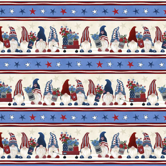 blue and white border print with alternating stripes of stars and patriotic themed gnomes with florals.