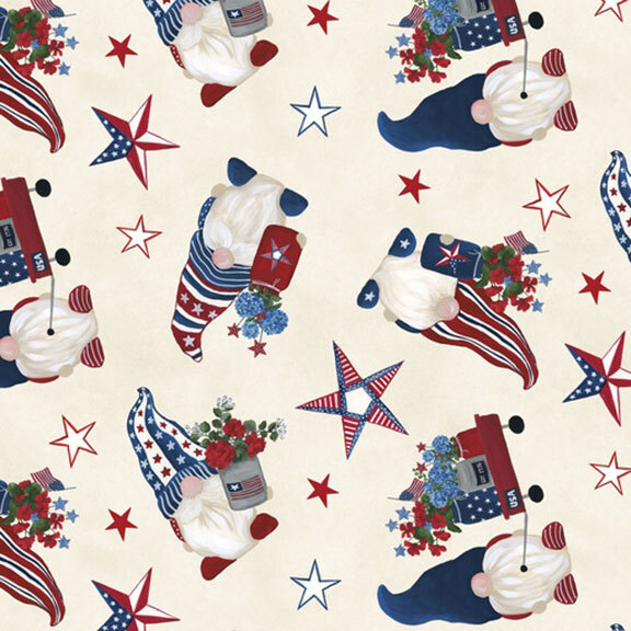 scattered pattern of stars and patriotic gnomes holding flowers or pulling wagons with flowers on a mottled cream background.