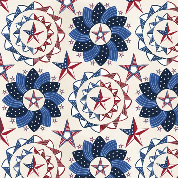 patriotic themed stars & geometric star mandalas on a soft cream background.