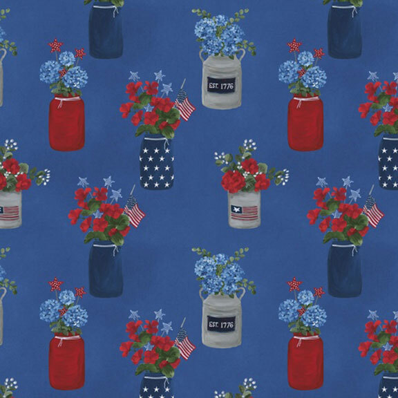 dark blue fabric featuring patriotic-themed mason jar florals decorated with flags and stars.