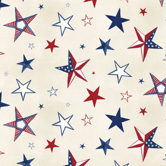 a variety of tossed patriotic stars on a mottled cream background.