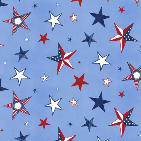a variety of tossed patriotic stars on a light blue background.